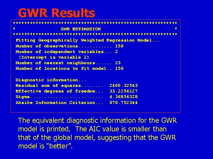 GWR Results ***************************** * GWR ESTIMATION * ***************************** Fitting Geographically Weighted Regression Model. .