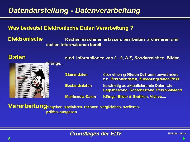 Datendarstellung - Datenverarbeitung Was bedeutet Elektronische Daten Verarbeitung ? Elektronische Rechenmaschinen erfassen, bearbeiten, archivieren