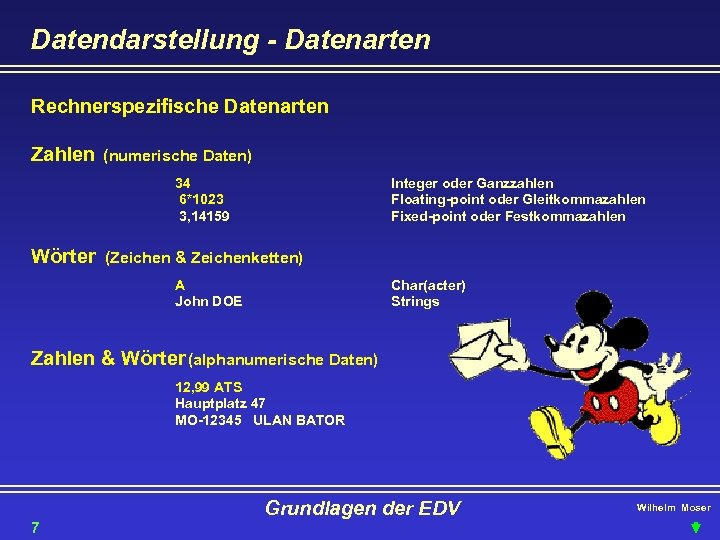 Datendarstellung - Datenarten Rechnerspezifische Datenarten Zahlen (numerische Daten) 34 6*1023 3, 14159 Wörter Integer