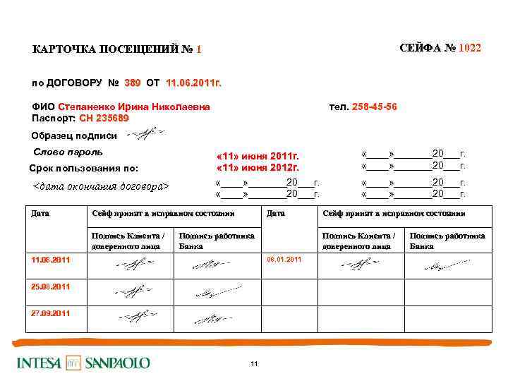 СЕЙФА № 1022 КАРТОЧКА ПОСЕЩЕНИЙ № 1 по ДОГОВОРУ № 389 ОТ 11. 06.