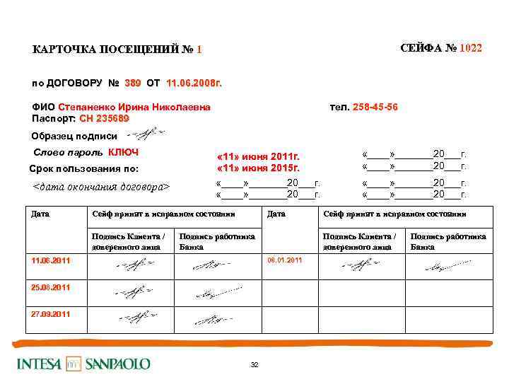 СЕЙФА № 1022 КАРТОЧКА ПОСЕЩЕНИЙ № 1 по ДОГОВОРУ № 389 ОТ 11. 06.