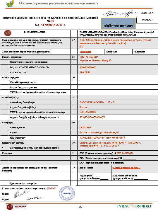 Обслуговування рахунків в іноземній валюті Додаток 4 Платіжне доручення в іноземній валюті або банківських