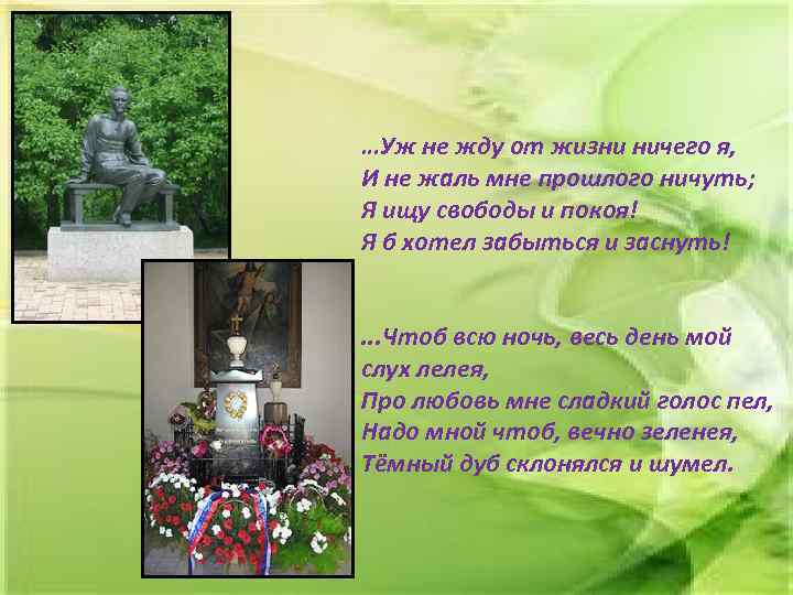 …Уж не жду от жизни ничего я, И не жаль мне прошлого ничуть; Я