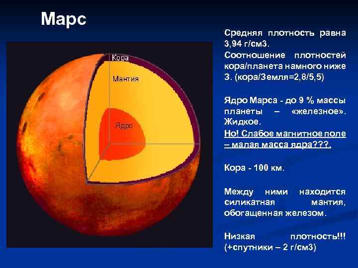 Марс Средняя плотность равна 3, 94 г/см 3. Соотношение плотностей кора/планета намного ниже З.