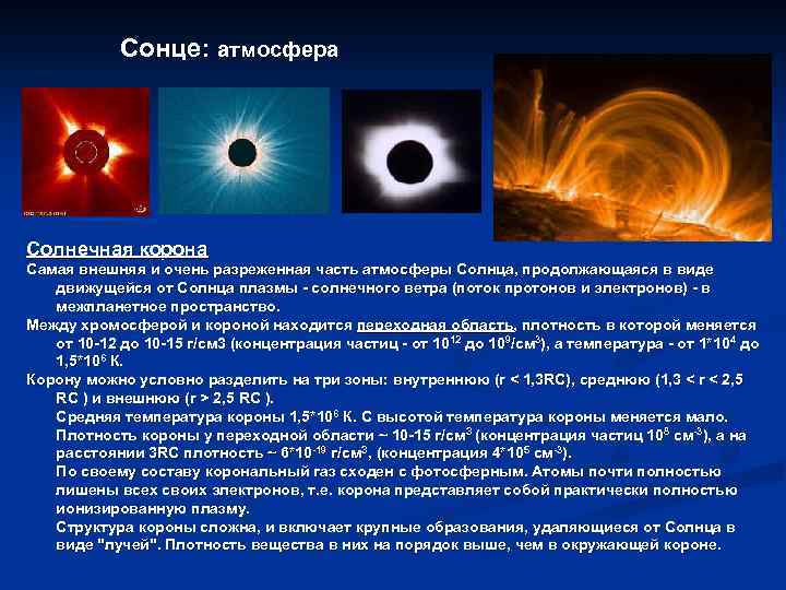 Сонце: атмосфера Солнечная корона Самая внешняя и очень разреженная часть атмосферы Солнца, продолжающаяся в