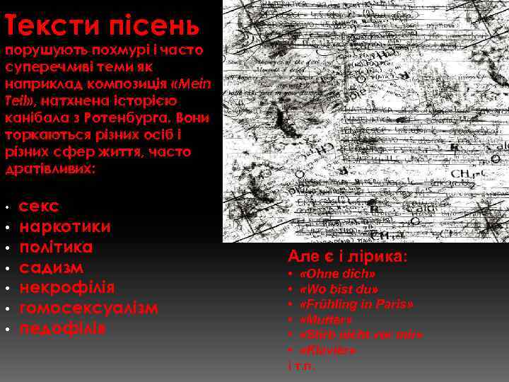 Тексти пісень порушують похмурі і часто суперечливі теми як наприклад композиція «Mein Teil» ,