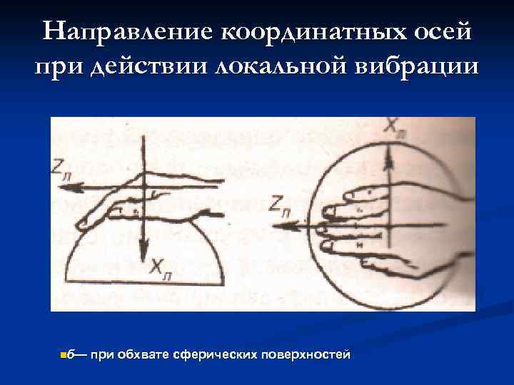 Направление координатных осей при действии локальной вибрации б— при обхвате сферических поверхностей 