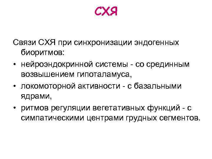 СХЯ Связи СХЯ при синхронизации эндогенных биоритмов: • нейроэндокринной системы - со срединным возвышением