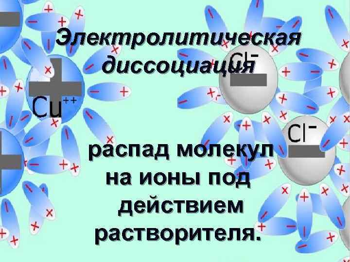 Электролитическая диссоциация распад молекул на ионы под действием растворителя. 