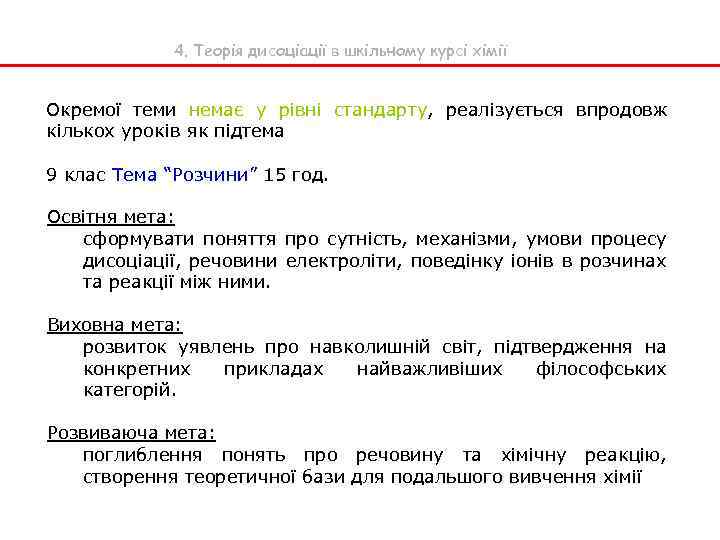 4. Теорія дисоціації в шкільному курсі хімії Окремої теми немає у рівні стандарту, реалізується