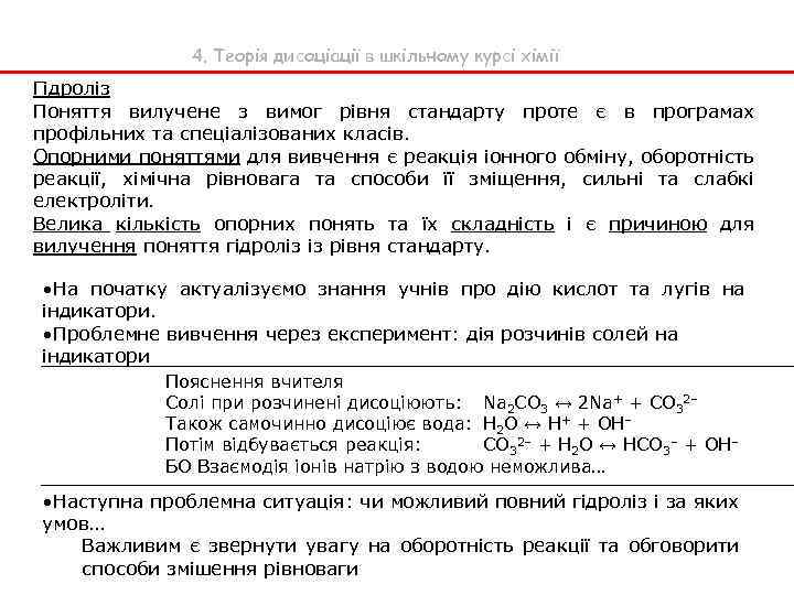 4. Теорія дисоціації в шкільному курсі хімії Гідроліз Поняття вилучене з вимог рівня стандарту