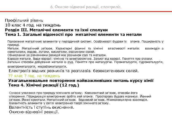 6. Окисно-відновні реакції, електроліз. Профільний рівень 10 клас 4 год. на тиждень Розділ ІІІ.