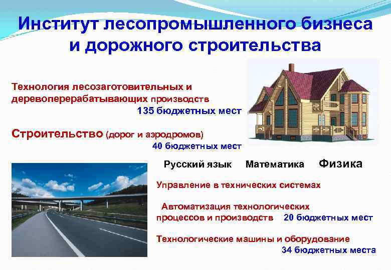 Институт лесопромышленного бизнеса и дорожного строительства Технология лесозаготовительных и деревоперерабатывающих производств 135 бюджетных мест