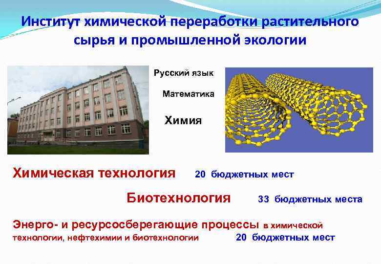 Институт химической переработки растительного сырья и промышленной экологии Русский язык Математика Химия Химическая технология