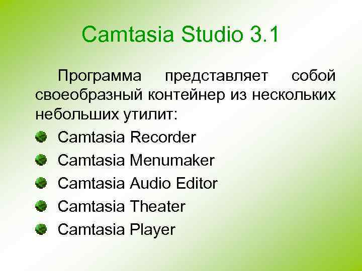 Camtasia Studio 3. 1 Программа представляет собой своеобразный контейнер из нескольких небольших утилит: Camtasia