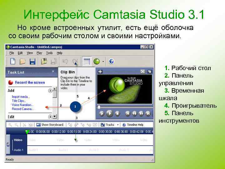 Интерфейс Camtasia Studio 3. 1 Но кроме встроенных утилит, есть ещё оболочка со своим