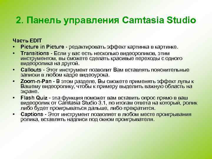 2. Панель управления Camtasia Studio Часть EDIT • Picture in Picture - редактировать эффект