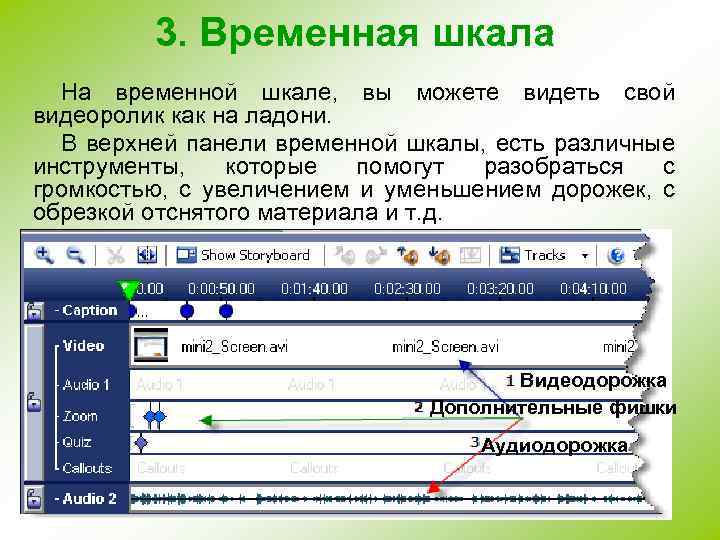 3. Временная шкала На временной шкале, вы можете видеть свой видеоролик как на ладони.