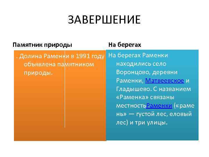 ЗАВЕРШЕНИЕ Памятник природы На берегах . Долина Раменки в 1991 году На берегах Раменки