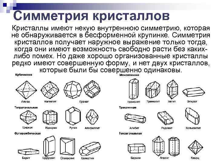 Симметрия кристаллов Кристаллы имеют некую внутреннюю симметрию, которая не обнаруживается в бесформенной крупинке. Симметрия