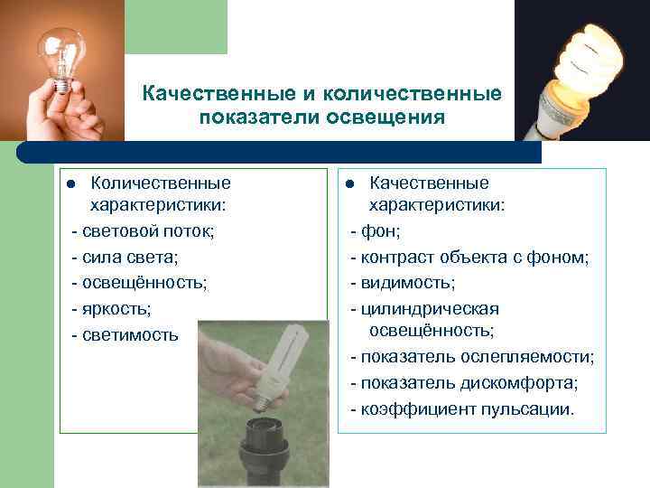 Качественные и количественные показатели освещения Количественные характеристики: - световой поток; - сила света; -