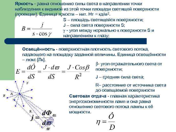 Яркость - равна отношению силы света в направлении точки наблюдения к видимой из этой