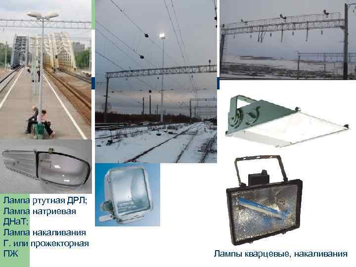 Лампа ртутная ДРЛ; Лампа натриевая ДНа. Т; Лампа накаливания Г. или прожекторная ПЖ Лампы