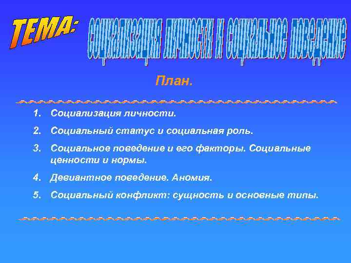 План. 1. Социализация личности. 2. Социальный статус и социальная роль. 3. Социальное поведение и