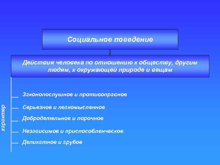 характер Социальное поведение Действия человека по отношению к обществу, другим людям, к окружающей природе