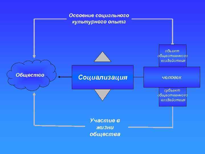 Освоение социального культурного опыта объект общественного воздействия Общество Социализация человек субъект общественного воздействия Участие