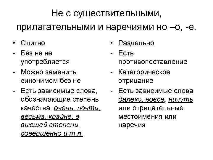 Не с существительными, прилагательными и наречиями но –о, -е. • Слитно - Без не