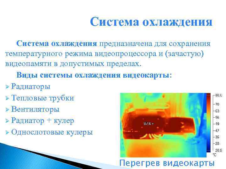 Система охлаждения предназначена для сохранения температурного режима видеопроцессора и (зачастую) видеопамяти в допустимых пределах.