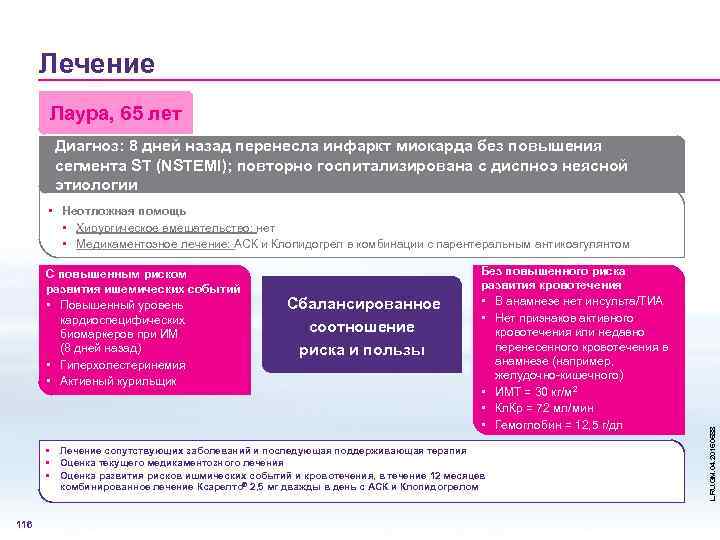 Лечение Лаура, 65 лет Диагноз: 8 дней назад перенесла инфаркт миокарда без повышения сегмента