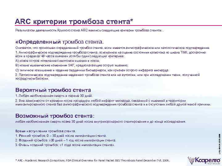 ARC критерии тромбоза стента* Результатом деятельности Круглого стола ARC явились следующие критерии тромбоза стентов.