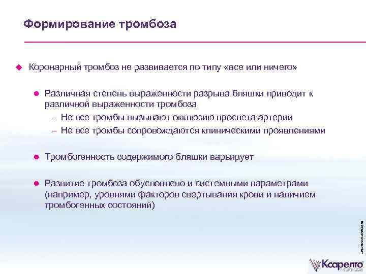Формирование тромбоза Коронарный тромбоз не развивается по типу «все или ничего» Различная степень выраженности