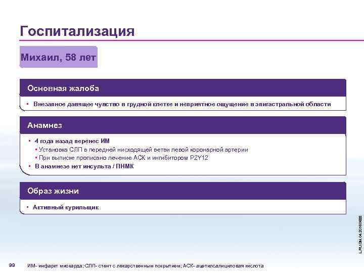 Госпитализация Михаил, 58 лет Основная жалоба • Внезапное давящее чувство в грудной клетке и