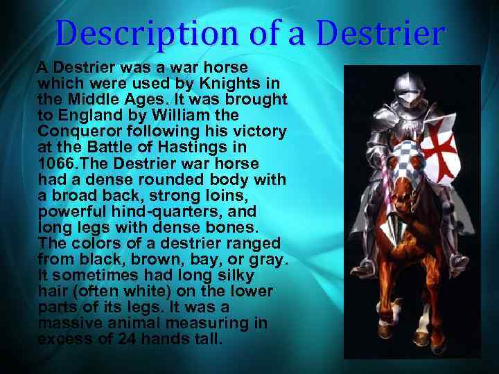Description of a Destrier A Destrier was a war horse which were used by