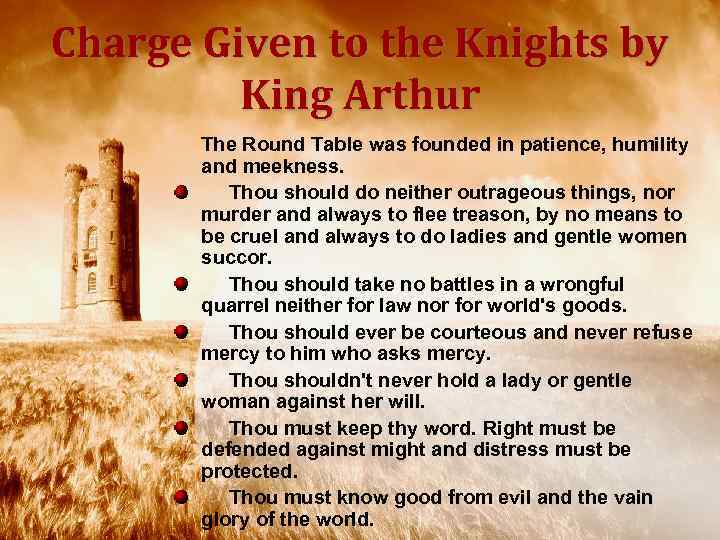 Charge Given to the Knights by King Arthur The Round Table was founded in