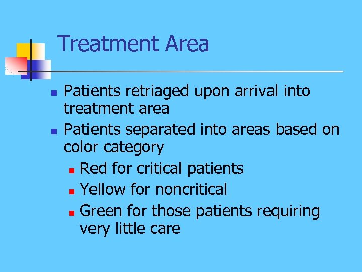 Treatment Area n n Patients retriaged upon arrival into treatment area Patients separated into