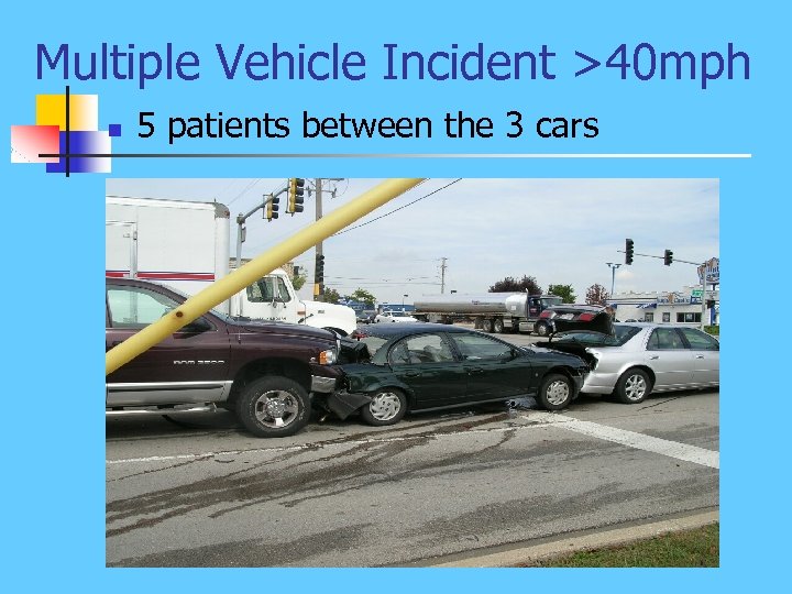 Multiple Vehicle Incident >40 mph n 5 patients between the 3 cars 