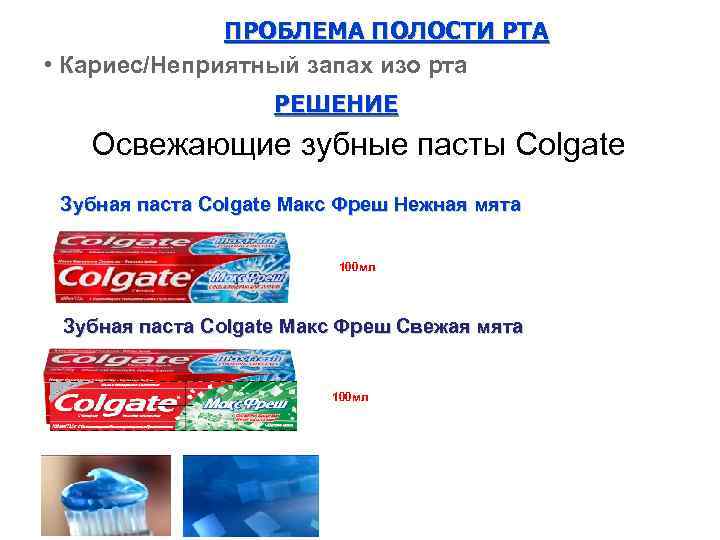 ПРОБЛЕМА ПОЛОСТИ РТА • Кариес/Неприятный запах изо рта РЕШЕНИЕ Освежающие зубные пасты Colgate Зубная