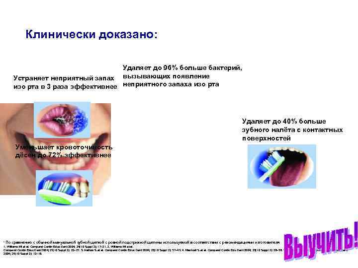 Клинически доказано: Удаляет до 96% больше бактерий, Устраняет неприятный запах вызывающих появление изо рта