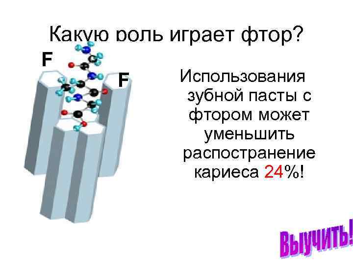 Какую роль играет фтор? F F Использования зубной пасты с фтором может уменьшить распостранение