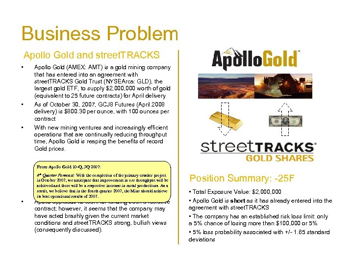 Business Problem Apollo Gold and street. TRACKS • • • Apollo Gold (AMEX: AMT)