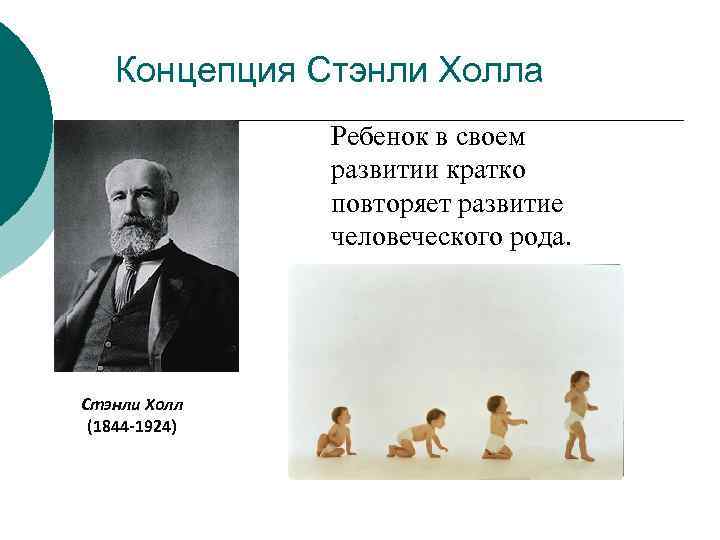 Концепция Стэнли Холла Ребенок в своем развитии кратко повторяет развитие человеческого рода. Стэнли Холл