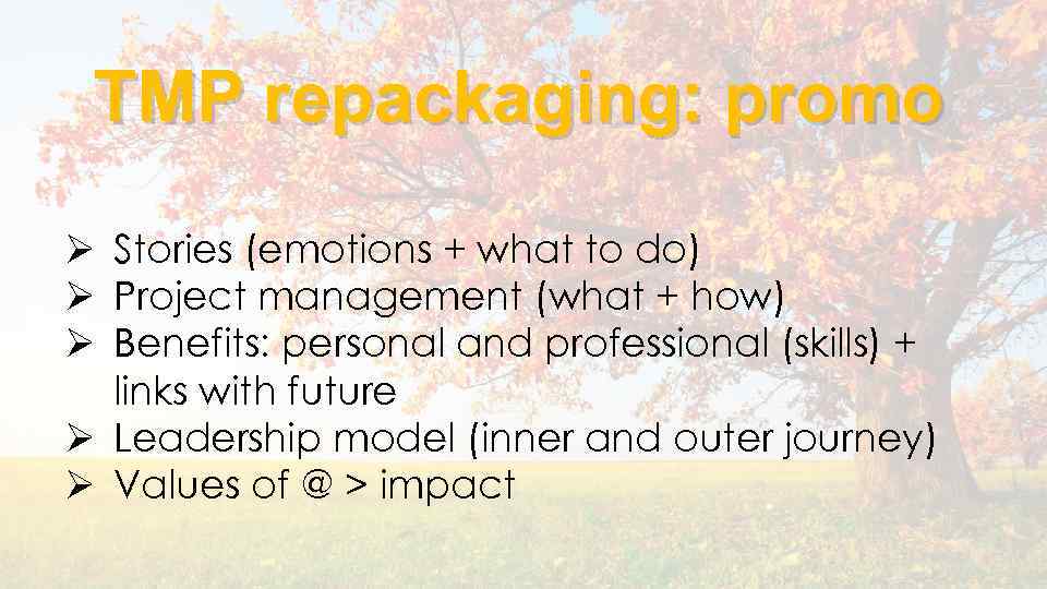 TMP repackaging: promo Ø Stories (emotions + what to do) Ø Project management (what