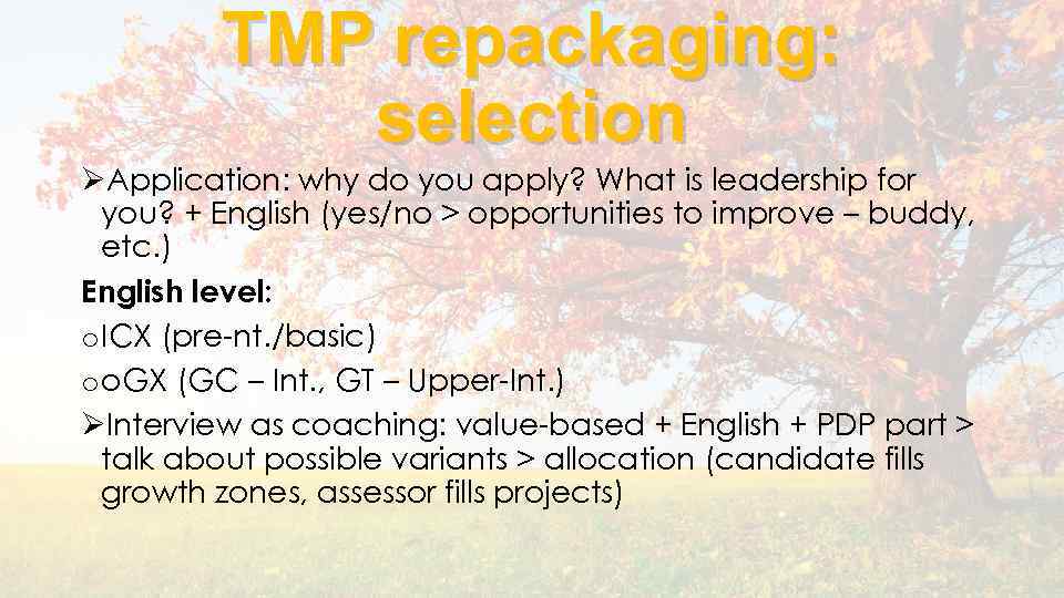 TMP repackaging: selection ØApplication: why do you apply? What is leadership for you? +