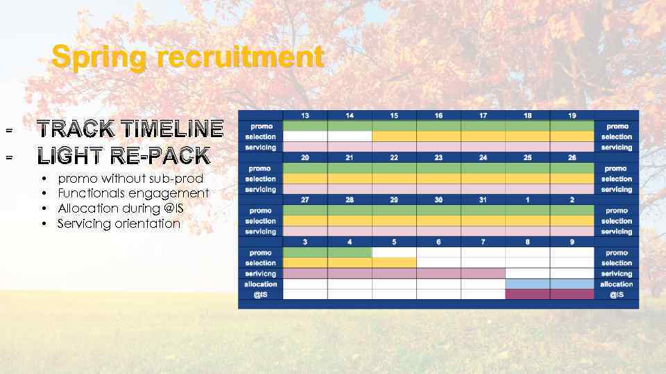 Spring recruitment - TRACK TIMELINE LIGHT RE-PACK • • promo without sub-prod Functionals engagement