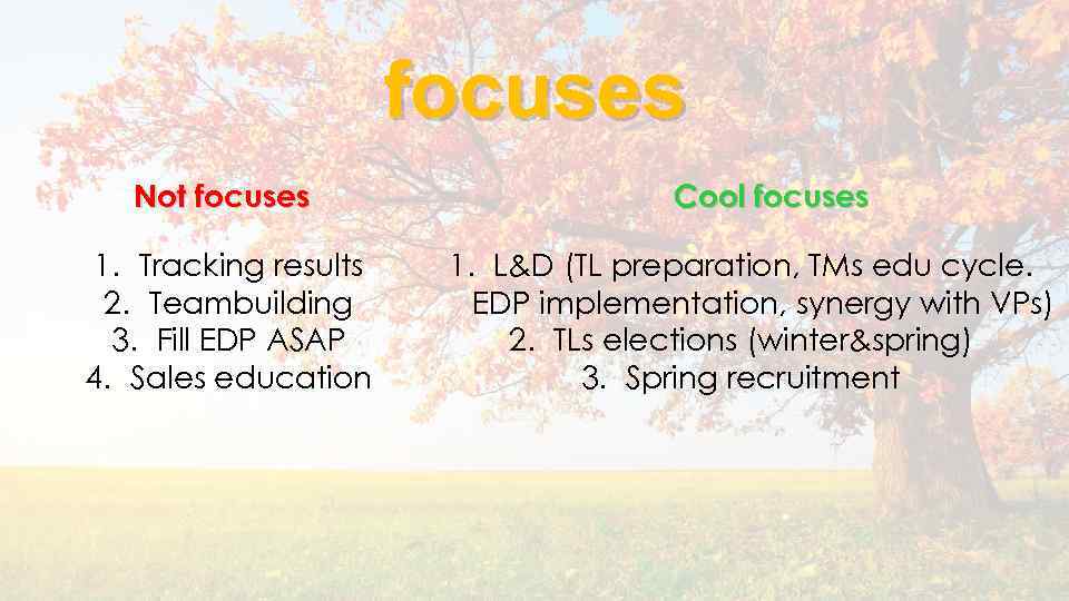 focuses Not focuses 1. Tracking results 2. Teambuilding 3. Fill EDP ASAP 4. Sales