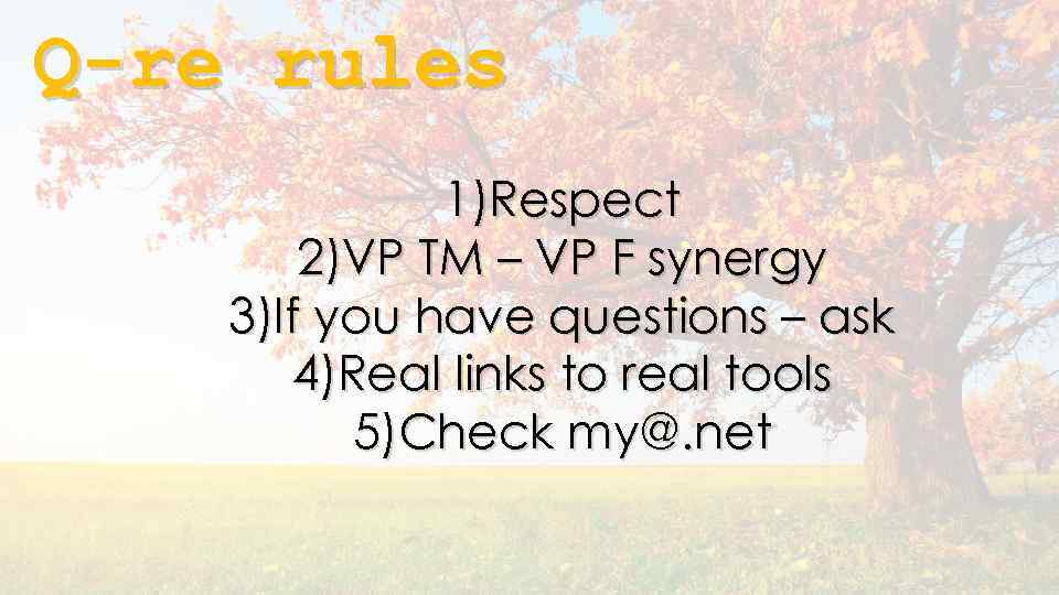 Q-re rules 1)Respect 2)VP TM – VP F synergy 3)If you have questions –